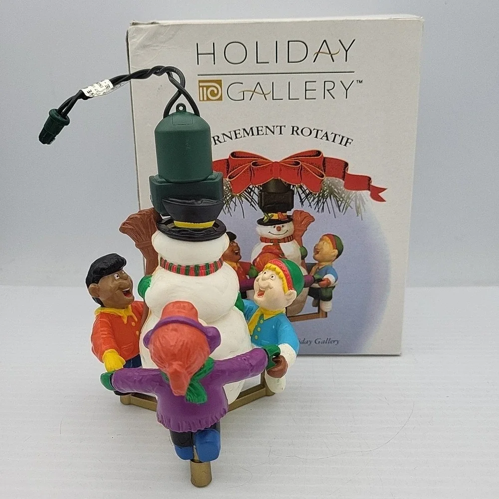 Vintage Holiday Gallery -Rotating Christmas Ornament Children W/Snowman 1989
